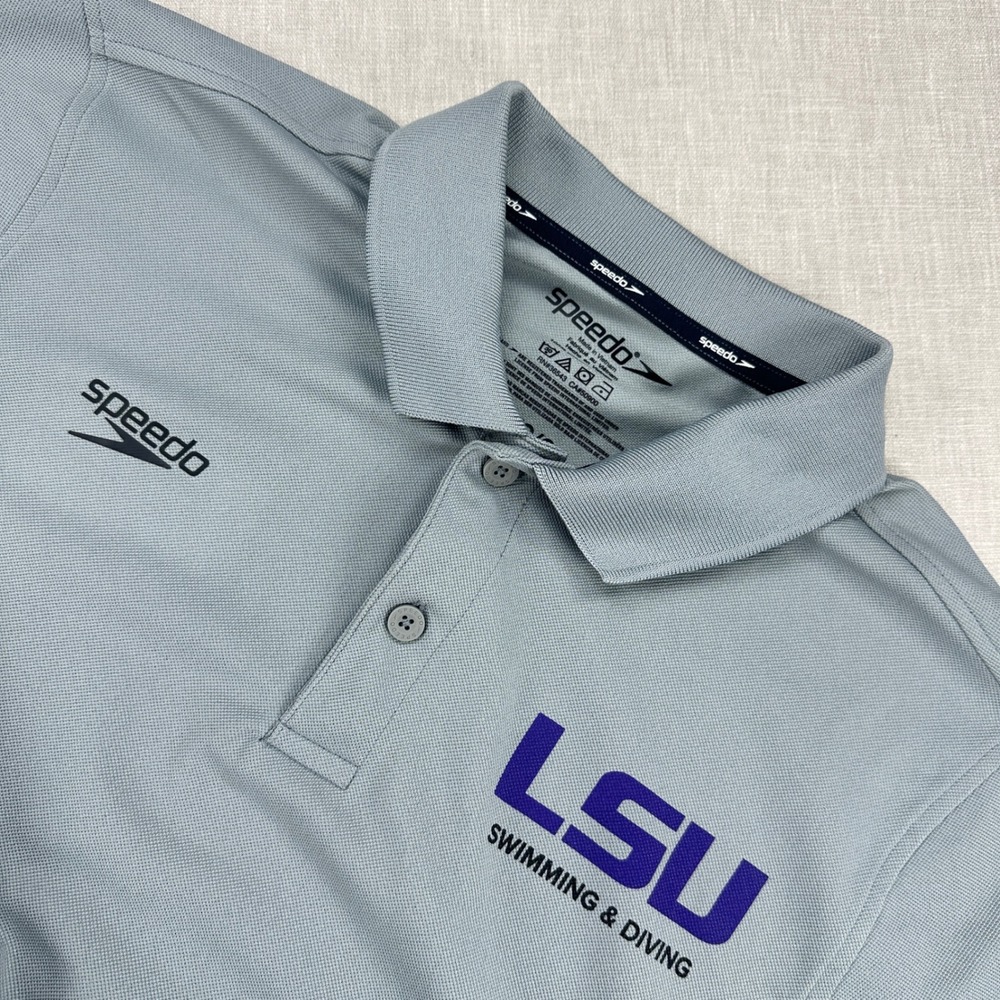 Speedo Polo Shirt Mens Large Gray LSU Swimming & Diving Short Sleeve‎ Athletic